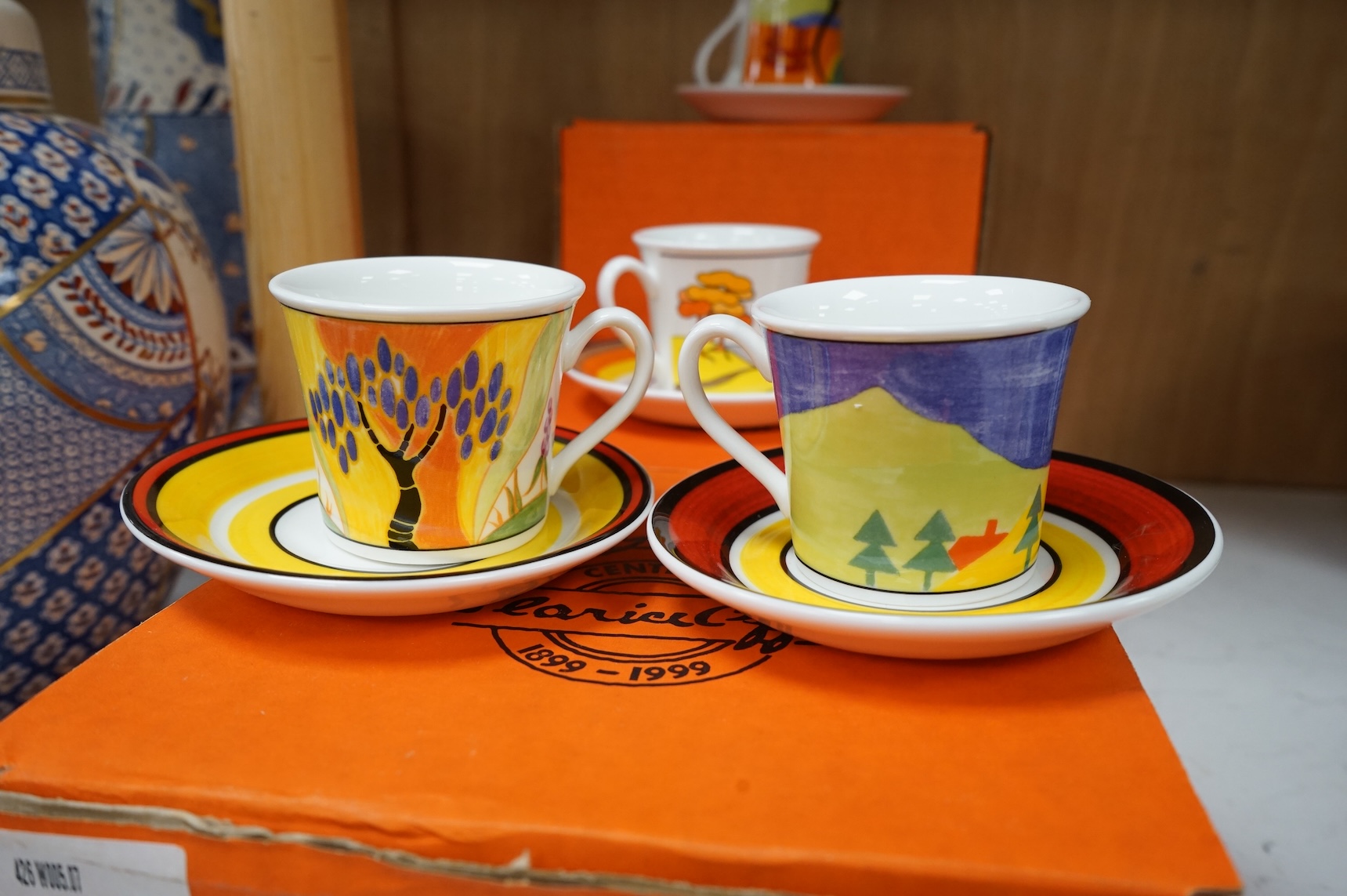 Four boxed limited edition Clarice Cliff cups and saucers to include Blue Lucerne and Windbells, saucers 11cm in diameter